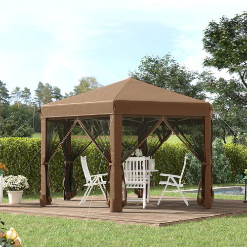 Outsunny 13' x 11' Hexagonal Pop Up Gazebo, Heavy Duty Outdoor Canopy Tent with 6 Mesh Sidewall Netting, 3-Level Adjustable Height and Strong Steel Frame, Brown