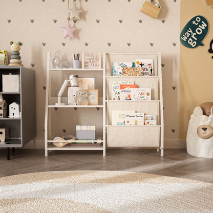 White Montessori Kids Bookshelf Wooden Fabric Combined Anti-Tip Toddler Nursery Book Toy Storage Rack