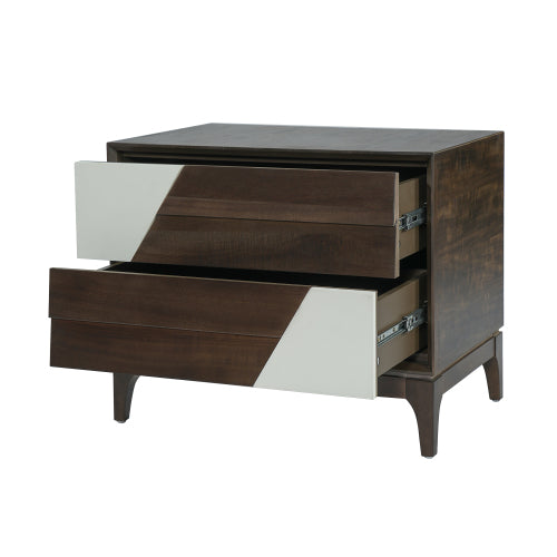 Brown & Cream White Japandi Nightstand, 2-Drawer Angled Patchwork Bedside Table with Tapered Legs