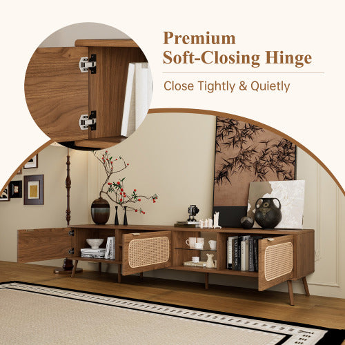 78.7 inch Walnut Rattan TV Stand Soft Close Doors Fits 75/80/85 Inch TV