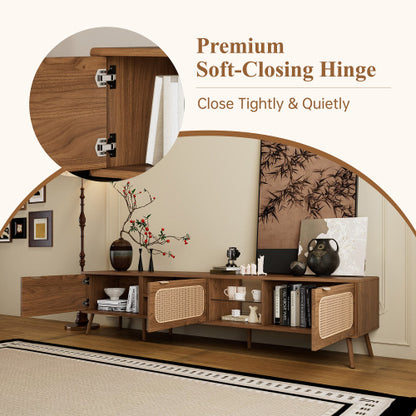 78.7 inch Walnut Rattan TV Stand Soft Close Doors Fits 75/80/85 Inch TV