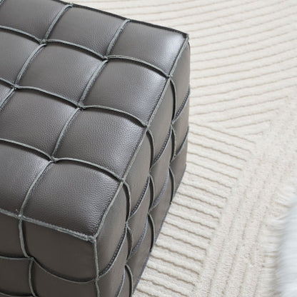 17.32 Inch Grey Genuine Leather Tufted Ottoman, Multi-Purpose Square Footstool for Bedroom & Living Room