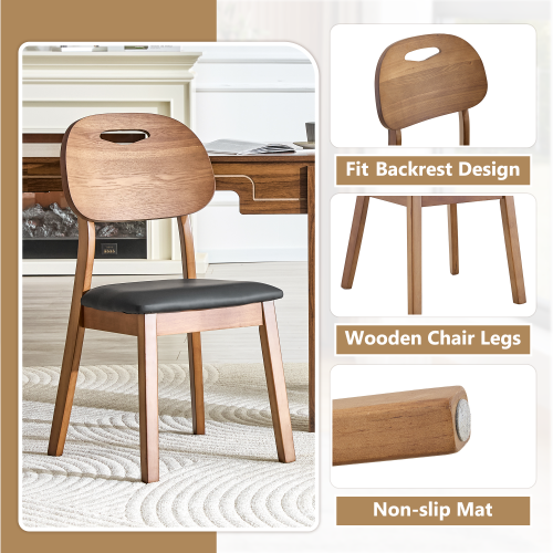 Set of 2 Walnut Solid Wood Dining Chairs, Hollow Back Chairs with Black PU Seat Cushion