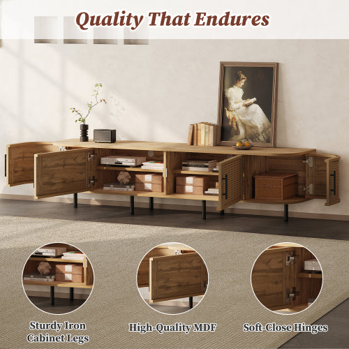 70.8 inch Natural Wood 4-Door PE Rattan TV Stand Iron Leg Media Console For 80 Inch TV