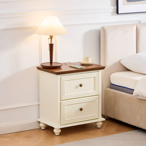 Mid Century Modern Nightstand with Charging Station and 2 Drawers