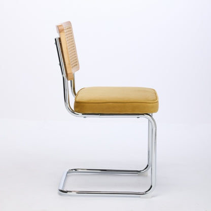 Set of 2 Golden Cane Back Cantilever Dining Chairs, Velvet Upholstered Chrome Double Steel Pipe Base 360 LBS Capacity