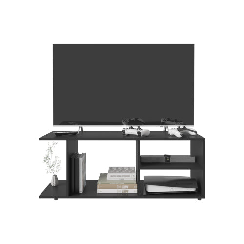 Black Entertainment Center with Shelves and Storage Compartment