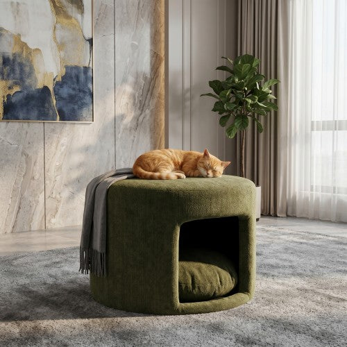 23.6 inch Round Green Pet Friendly Ottoman with Hidden Pet Nook, Acacia Wood Legs, 220 LBS Loading Capacity