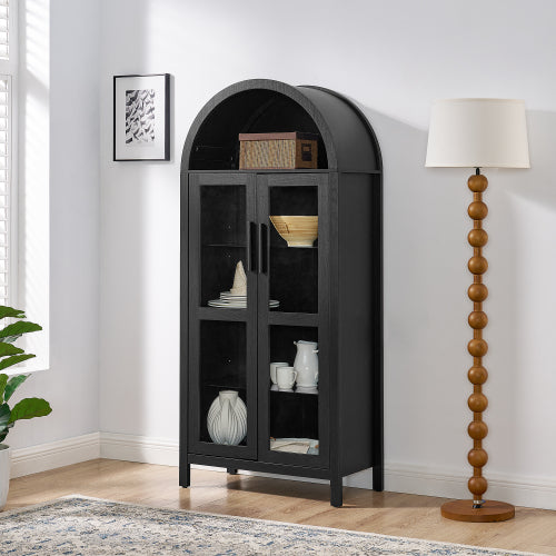 Black High Arched LED Light Storage Cabinet MDF Poplar Wood Adjustable Glass Partition Multi-Functional Home Display Cabinet