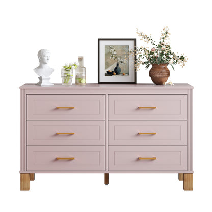 Pink 6-Drawer Solid Wood Frame Modern Bedroom Storage Dresser