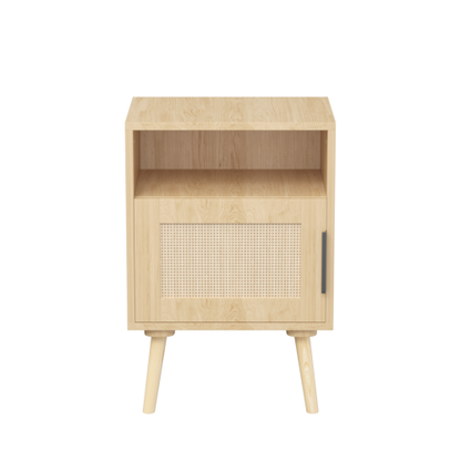 22.83'' H Rattan Nightstand, Side Table with Door Open Shelf,  Accent Bedside End Table with Solid Wood Legs for Bedroom, Dorm and Small Spaces, Oak
