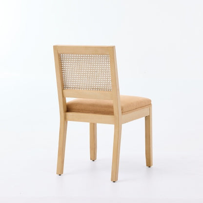 Set of 2 Tan Mid-Century Farmhouse Cane Rattan Dining Chairs, S-Spring Dual Rebound Cushion Solid Hardwood Side Chairs