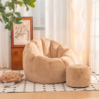 Pumpkin-Shape Faux-Fur Giant Bean Bag Chair with Footrest for Adults Kids