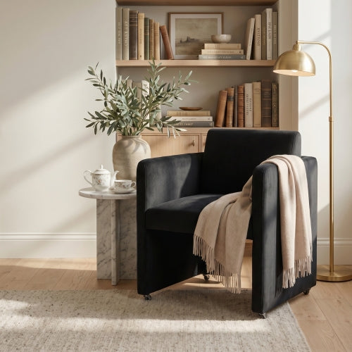 Velvet Upholstered Barrel Dining Armchair with Wood Frame, Black