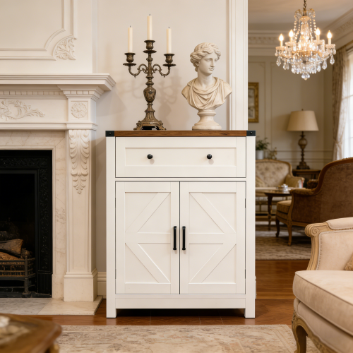 White & Wood-Grain Top Farmhouse Barn-Door Storage Cabinet, Coffee Bar Buffet Sideboard with Drawer for Kitchen & Living Room