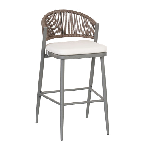 Outdoor 30.25" Seat Height Metal Frame Barstools with PE Rattan Scallop-shaped Backrest, Set of 2, Matte Grey