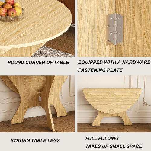 43 in Folding Dining Table for Small Spaces, MDF Table with Wild Oak Veneer, Space Saving Foldable Kitchen Table for Indoor and Outdoor Use