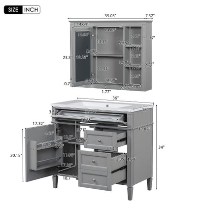 36'' Bathroom Vanity with Top Sink, Modern Bathroom Storage Cabinet with Mirror, 2 Drawers and a Tip-out Drawer, Mirror Cabinet with 6 Open Shelves, Single Sink Bathroom Vanity