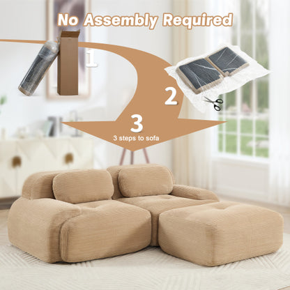 82-Inch Camel Corduroy L-Shaped Modular Sectional Sofa Curved Armrest No-Assembly