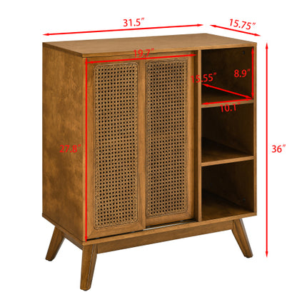 Mid Century Rattan Sideboard Cabinet with Adjustable Shelves and Wood Legs Light Wood