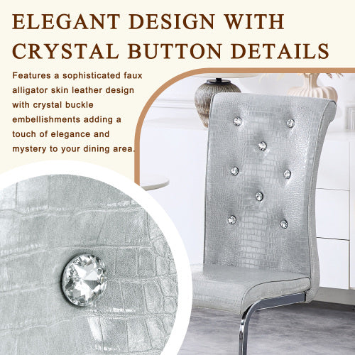 Set of 2 Retro Alligator Skin Faux Leather Dining Chairs, Crystal Buckle Design with Electroplated Metal Bow Legs