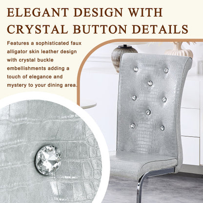 Set of 2 Retro Alligator Skin Faux Leather Dining Chairs, Crystal Buckle Design with Electroplated Metal Bow Legs