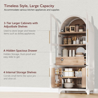 71inch  Arched Kitchen Pantry Cabinet with Glass Doors White
