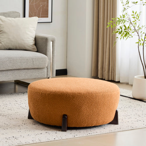 Round Boucle Ottoman, Pumpkin Orange Upholstered Footrest with Splayed Rubber Wood Legs, Multi-Scene Accent Stool