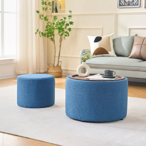 Blue 2-Piece Linen Nesting Storage Ottoman Set, Round Foot Stool with Wood Tray, Fully Assembled 396 LBS