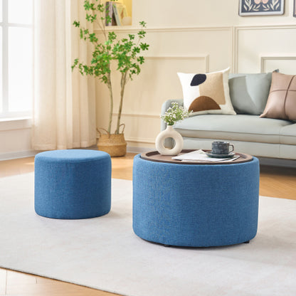 Blue 2-Piece Linen Nesting Storage Ottoman Set, Round Foot Stool with Wood Tray, Fully Assembled 396 LBS