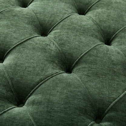 Green Round Chenille Tufted Ottoman, 32 Inch Button Tuft Footrest with L-Shaped Rubberwood Legs, 250 LBS Capacity