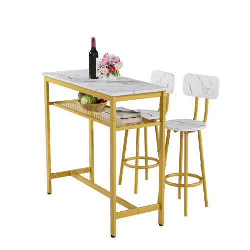 3-Piece Counter Height Dining Set with White Faux Marble Tabletop and 2 Stools, Space Saving Bar Table Set