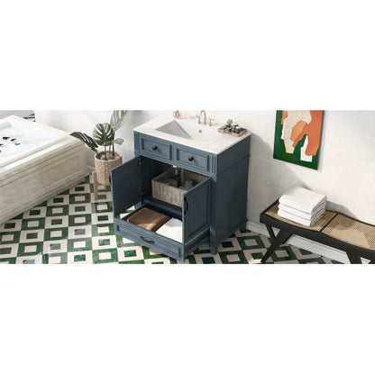 30'' Bathroom Vanity with Ceramic Sink,Solid Wood Frame Bathroom Storage Cabinet with Soft Closing Doors,Retro Style, Blue