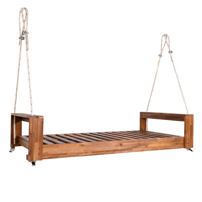 Twin Size Porch Swing Bed Seating Group, Patio Acacia Wood Swing Frame with Hemp Ropes for Garden, Backyard, Natural