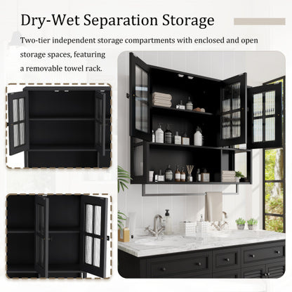 Bathroom Wall Cabinet, 3-Door Wooden Wall Cabinet with Open and Hidden Storage Space, Medicine Cabinet with Glass Door and Towel Bar for Entryway Living Room Bathroom Dining Room,Black