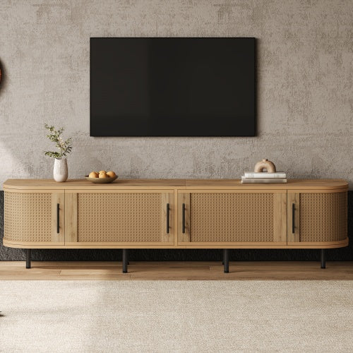 70.8 inch Natural Wood 4-Door PE Rattan TV Stand Iron Leg Media Console For 80 Inch TV