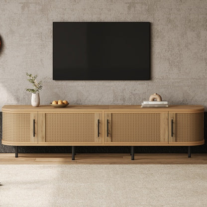 70.8 inch Natural Wood 4-Door PE Rattan TV Stand Iron Leg Media Console For 80 Inch TV