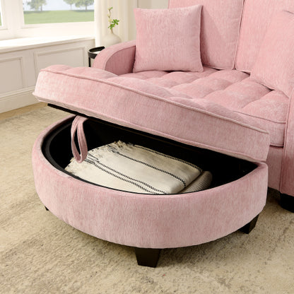 Pink 2-Seater Sofa Chaise, Irregular Armrest, Storage Footrest & 2 Pillows