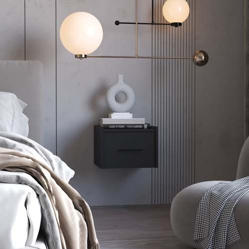 Black Finish Wall Mounted Floating Nightstand, 1 Drawer & 2-Tier Shelf