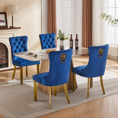 Mid-Century Modern Velvet Dining Chairs Set of 2 with Lion Head Pull Ring, Tufted Upholstered Chair, Blue