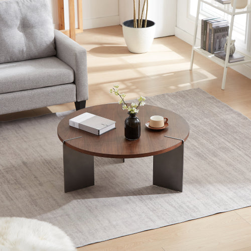 Round Coffee Table, Walnut Wood Top with Black Metal Feet, Eco-Friendly Formaldehyde-Free Accent Table