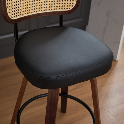 Set of 2 Counter Height Bar Stools - 26 inch Rattan Counter Height Stools with Cane Back, Upholstered Seat, Walnut Craftsmanship, Swivel Counter Stools for Island/Kitchen/Counter/Bar (Walnut Black)