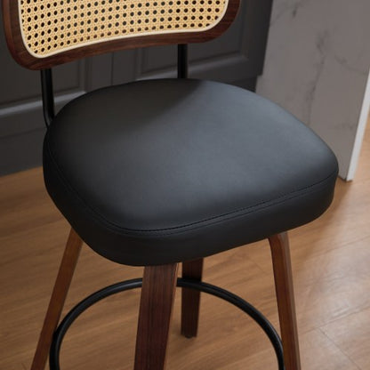Set of 2 Counter Height Bar Stools - 26 inch Rattan Counter Height Stools with Cane Back, Upholstered Seat, Walnut Craftsmanship, Swivel Counter Stools for Island/Kitchen/Counter/Bar (Walnut Black)