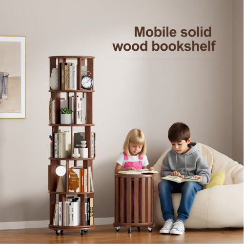 5-Tier Solid Wood Rotating Bookshelf with Wheels Walnut