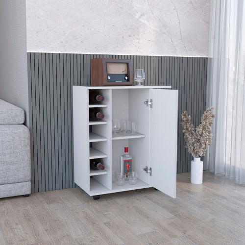 Bar Cart with Casters, 2-Side Storage Shelves and 6-Wine Bottle Rack