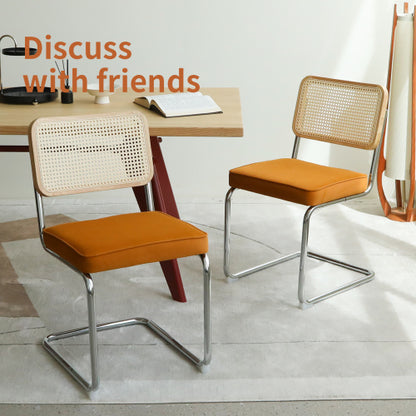 Set of 2 Orange Velvet Rattan Cantilever Dining Chairs, Chrome Tubular Steel Breuer Stackable Side Chairs