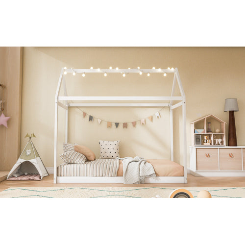 Twin Size Wooden House Bed, White