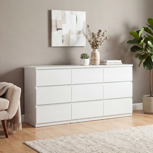 9 Drawer Dresser with No Handle Design, Modern White Matte Wood Dresser for Bedroom, Storage Chest of Drawers for Living Room, Hallway, Entryway