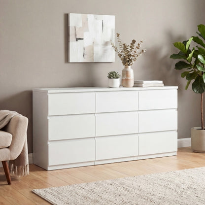 9 Drawer Dresser with No Handle Design, Modern White Matte Wood Dresser for Bedroom, Storage Chest of Drawers for Living Room, Hallway, Entryway