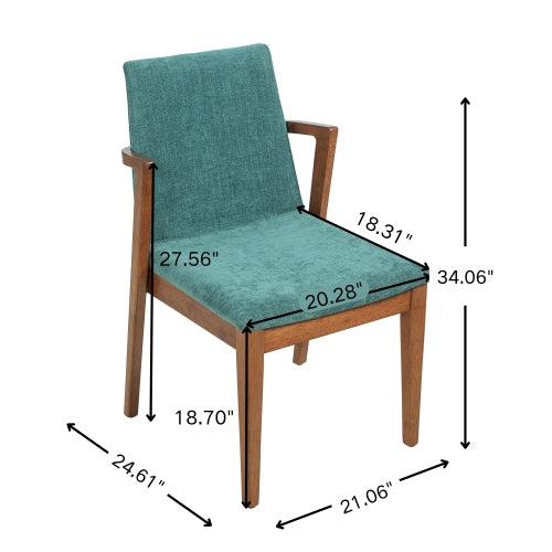 Set of 2 Mid-Century Green Fabric Arm Dining Chairs, Walnut Rubber Wood Frame 250lbs Capacity